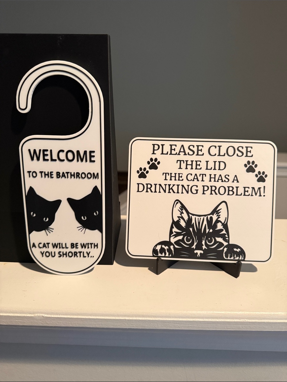 Black & White Cat Bathroom Door Hanger and Sign Set